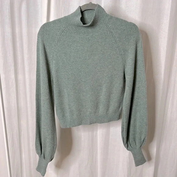 BCBGMAXAZRIA Merino Wool Mock Neck Balloon  Sleeve Crop Sweater, Size S - Picture 2 of 8